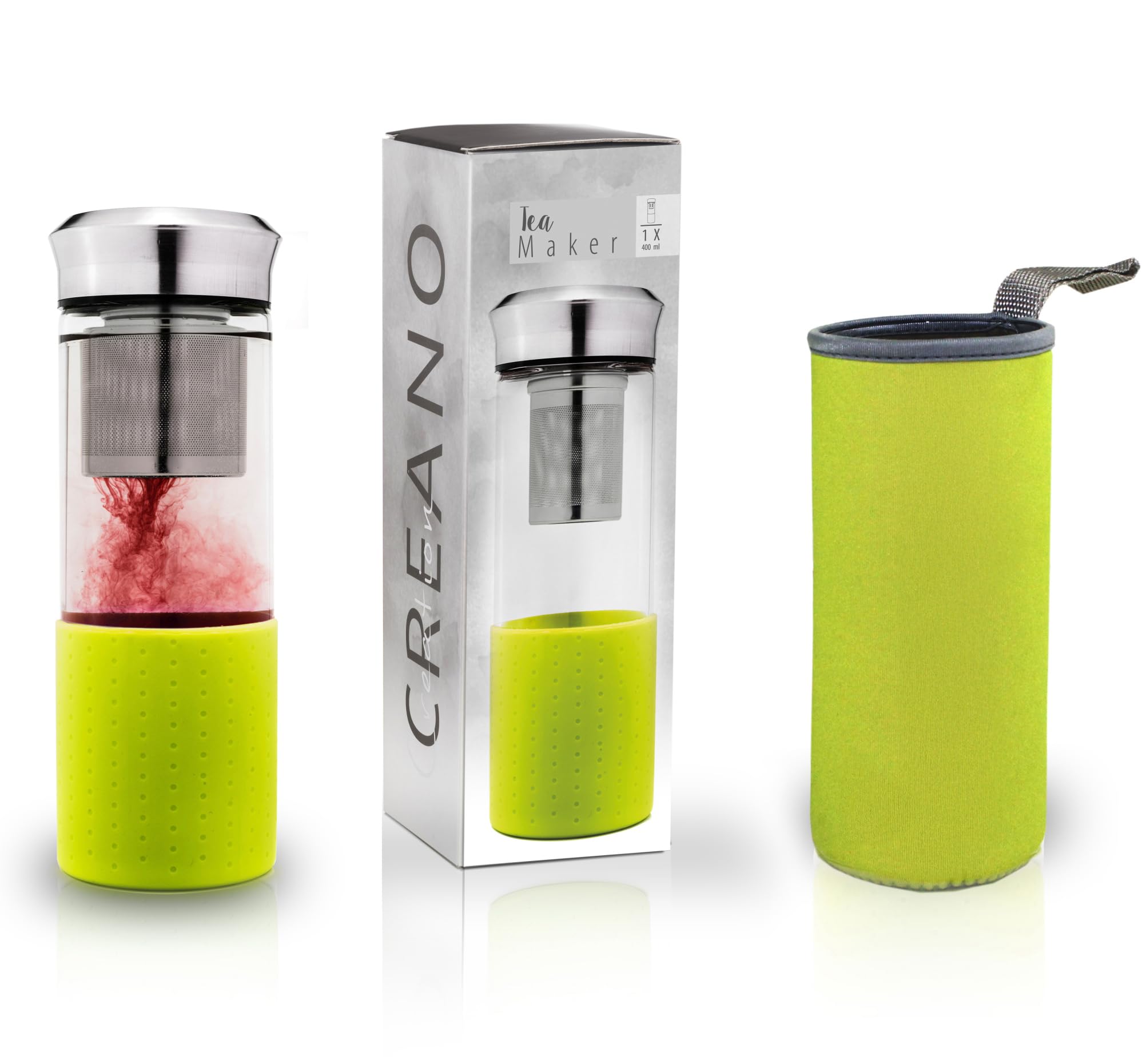 Creano "Teamaker - Tea bottle to go from glass with strainer for loose tea - 400ml (Green)