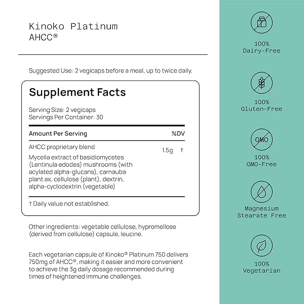 QUALITY OF LIFE PREMIUM KINOKO PLATINUM AHCC HERBAL SUPPLEMENT, 750MG OF AHCC PER CAPSULE, FOR IMMUNE SUPPORT, LIVER FUNCTION, MAINTAINS NATURAL KILLER CELL ACTIVITY, 1 PACK, 60 VEGGIE CAPSULES