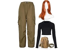 Funnysoft 4 Pcs Halloween Cosplay Costume Party Wig Long Straight Orange Long Sleeve Crop Top Cargo Pants Waist Bag
