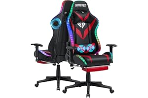 HOFFREE RGB Gaming Chair with Bluetooth Speakers Racing Gamer Chair Massage and Led Lights Swivel Game Chair with Footrest High Back Computer Desk Chair Red and Black
