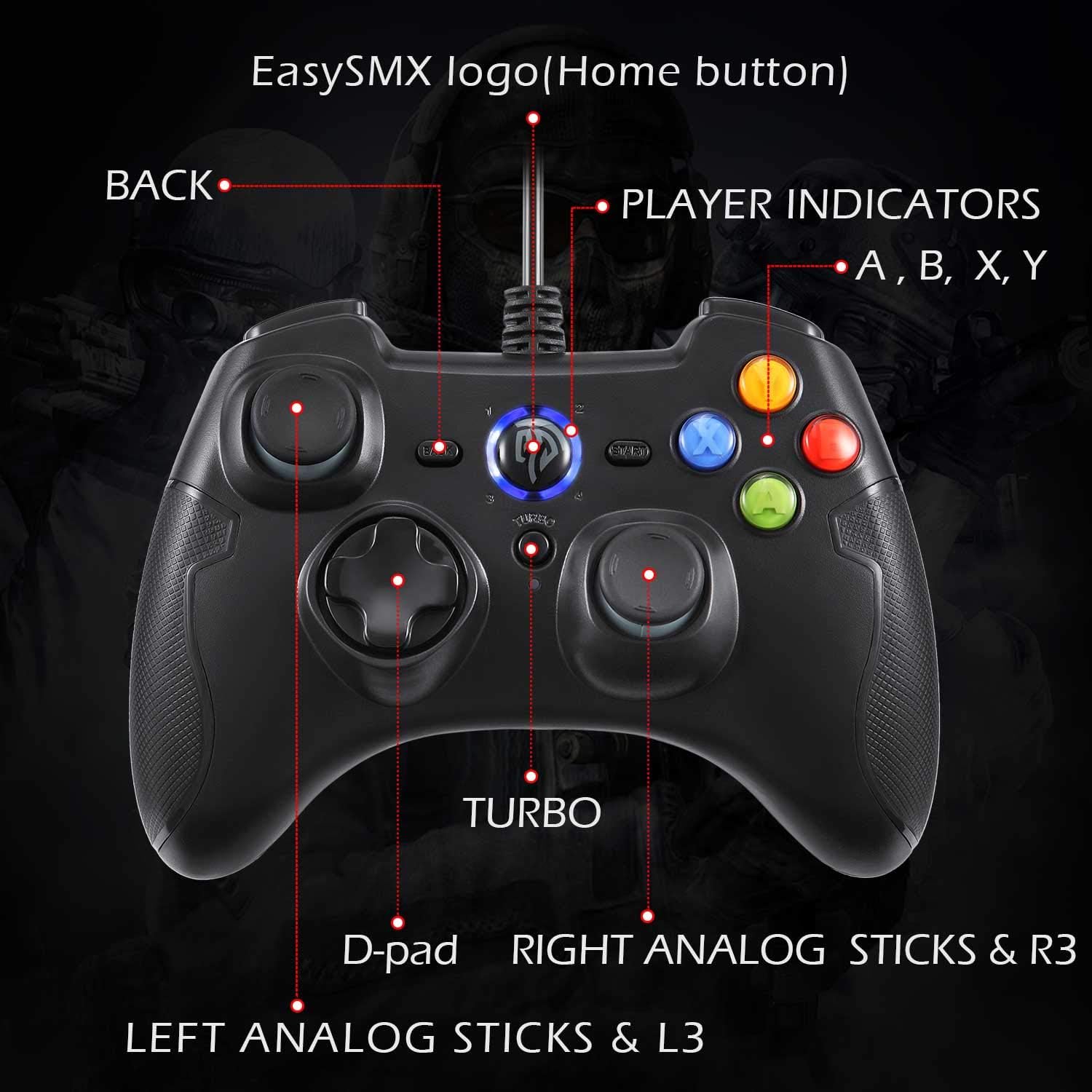 EasySMX Wired Gaming Controller,PC Game Controller Joystick with Dual-Vibration Turbo and Trigger Buttons for Windows/Android/ PS3/ TV Box(Black): Computers & Accessories