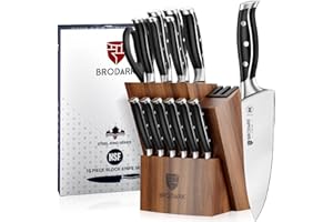 BRODARK Kitchen Knife Set with Block, 15-Piece Chef Knife Set with Knife Sharpener, NSF Certified German Steel Knife Set, Gif
