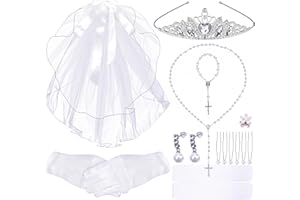 luck sea First Communion Dress for Girls Veil Crown Necklace Bracelet Gloves Socks Earrings - 1st Holy Communion Catholic Accessories Set Wedding Party