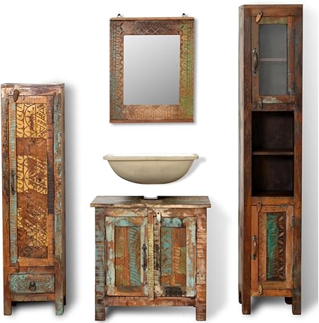 Festnight Bathroom Vanity Set Reclaimed Wood Cabinet With Mirror And 2 Retro Style Side Cabinets Set For Bathroom Decor Pure Handmade Amazon Co Uk Kitchen Home
