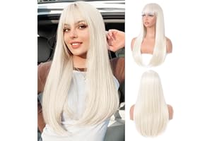 AIDA BLE Platinum Blonde Wig with Bangs Long Straight Blonde Wig for Women Heat Resistant Synthetic Wig for Girls Daily Use Party Halloween Cosplay Wig 24inch