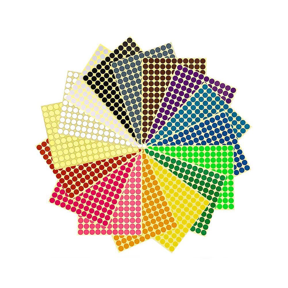 Rmeet Colored Adhesive Labels, 10mm Round Self Adhesive Labels 16 Colors / Sheets Self Adhesive DOT 2475 Stickers Calendars Office Manual