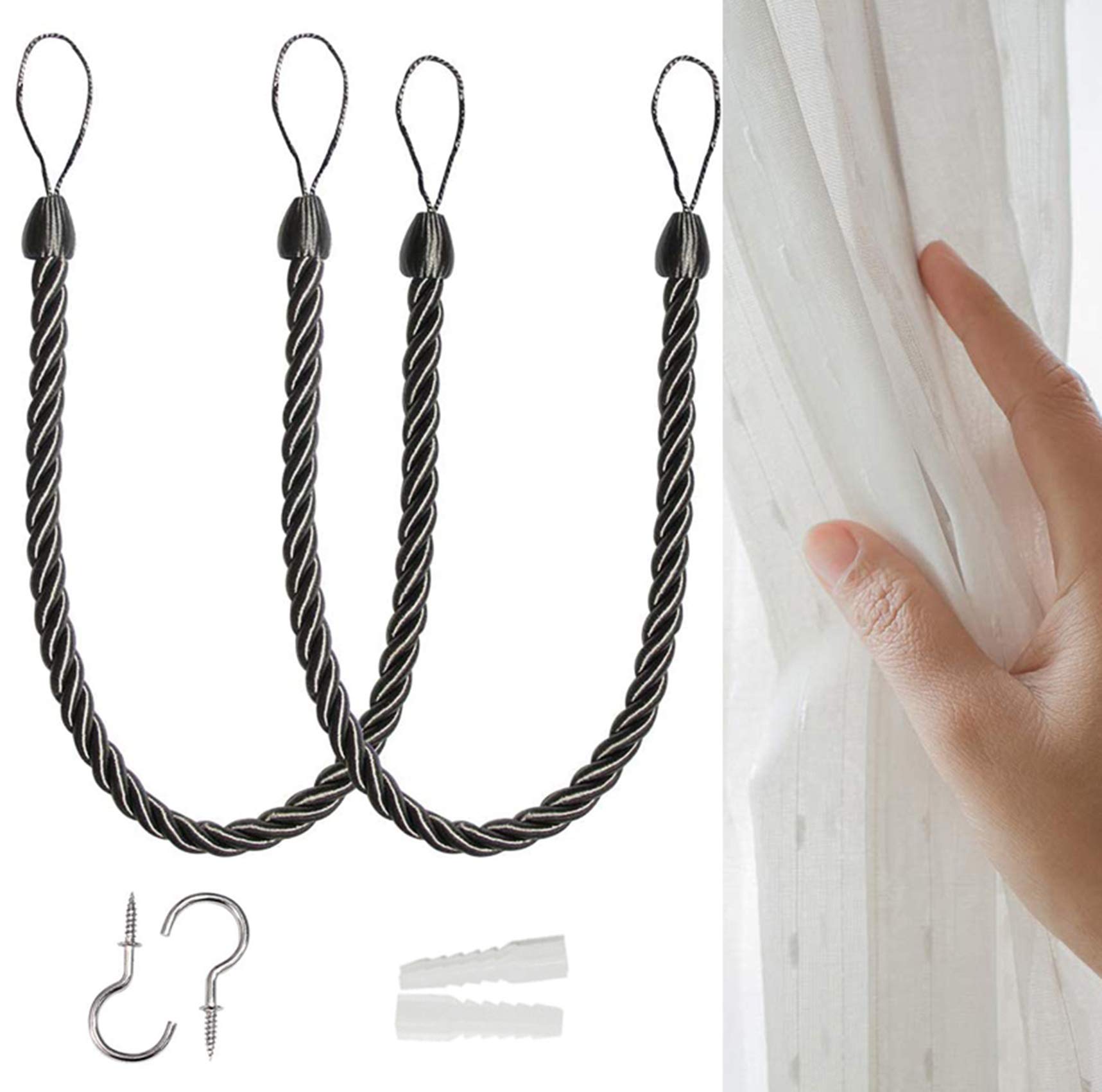 Curtain Ties backs, 1 Pair Curtain Tiebacks Ropes, Drapery Holdbacks Artistic Room Décor Handmade Natural Knitting Cotton Rope Drape Tie Backs for Sheer and Blackout Curtain Cotton Rope(Black)