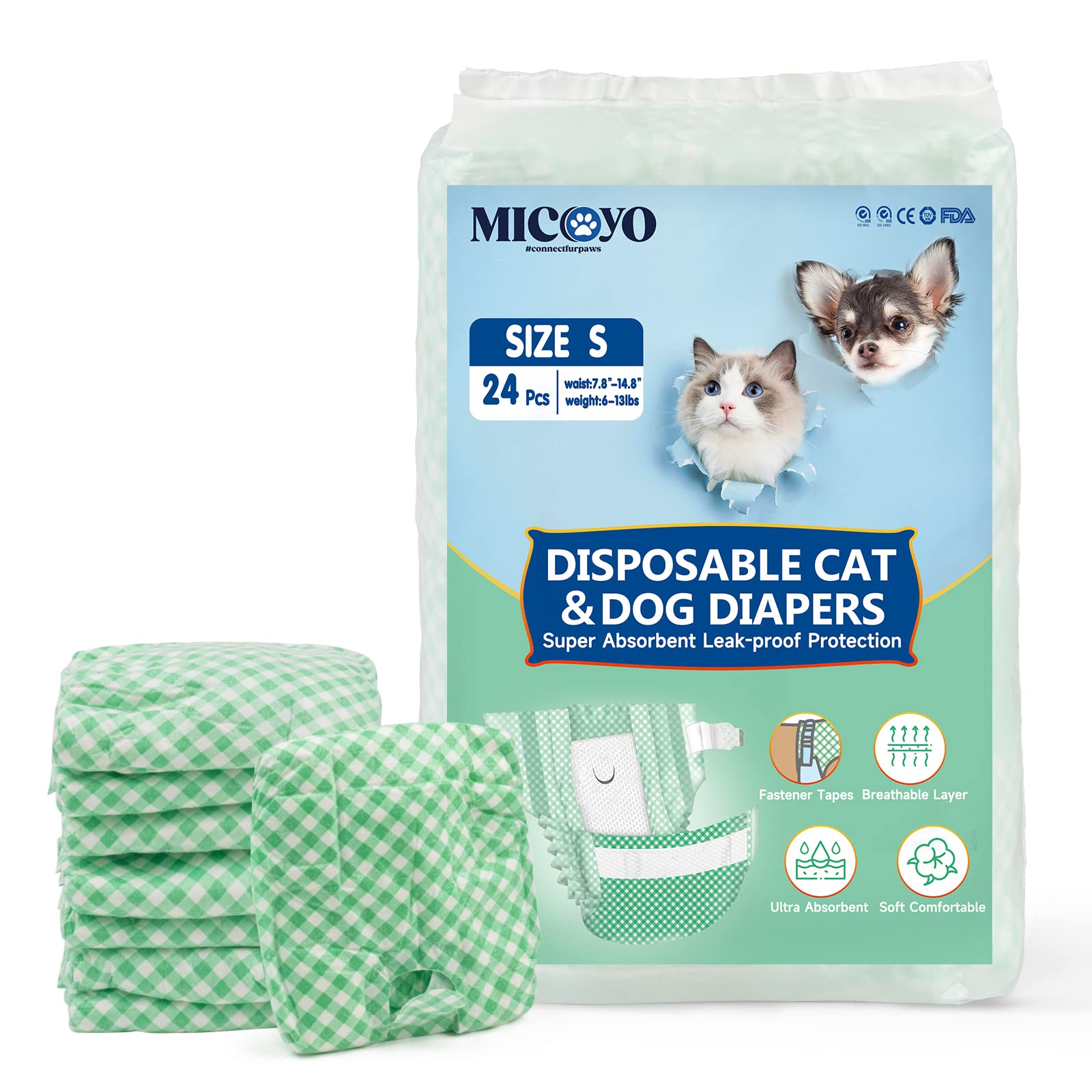 MICOOYO Puppy Cat Nappies Disposable, Super Absorbent Cat Diapers, Small Dog Nappies Female, Adjustable Waist, Leak-Proof Diapers for Cats in Heat, Incontinence,24 Pcs (Green, S)