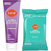 Lume Acidified Body Wash & Flushable Deodorant Wipes - 24 Hour Odor Control - Hydrating Wash - Without SLS or Parabens - OB/GYN Developed - 8.5 ounce (Lavender Sage) 15 Count Wipes (Cucumber)