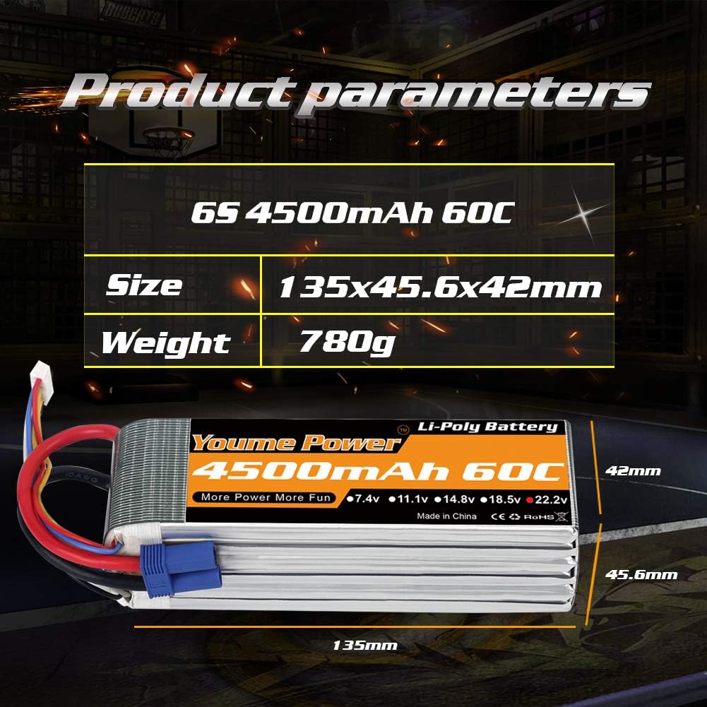 Youme 6S Lipo Battery,22.2V 4500mAh Lipo Battery 60C with EC5 and XT90 Plug for X Class Drone Racing 70MM 8MM 90MM EDF RC Quadcopter Airplane Helicopter Car Truck Boat Hobby (2 Packs) - Image 5