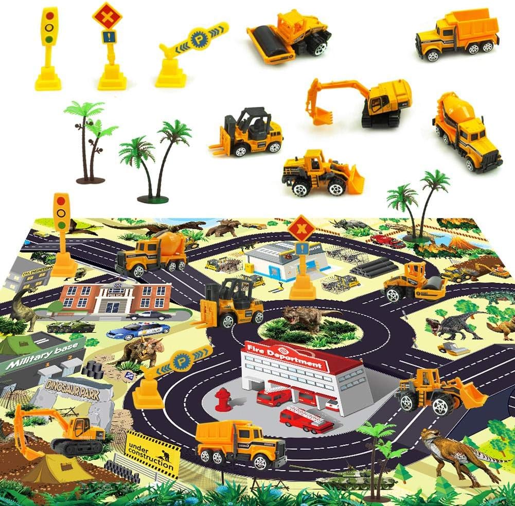 Construction Vehicles Toys with Play Mat,Kids Carpet Playmat Rug,6