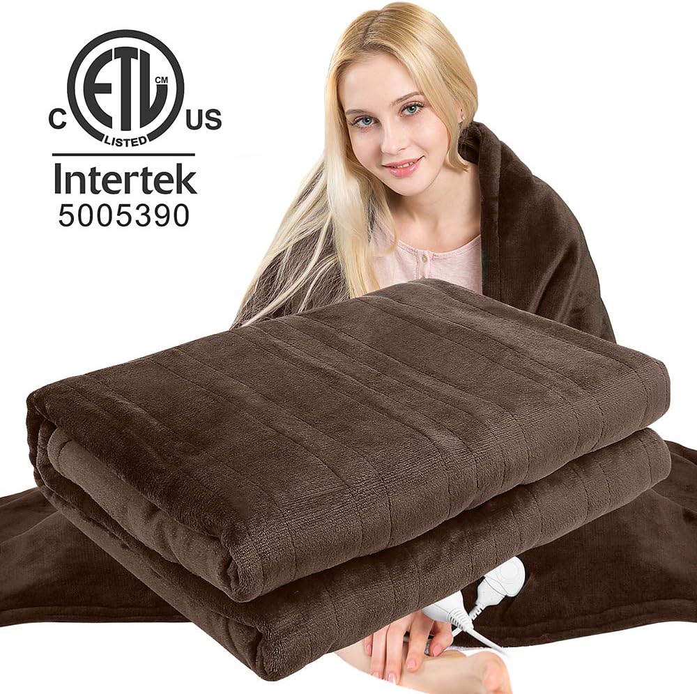 Homde Heated Electric Throw 50 Inch x 60 Inch Reversible Flannel/Sherpa Washable Blanket with 3-Heat Setting Auto-Off Controller for Bed or Couch (Brown): Home & Kitchen