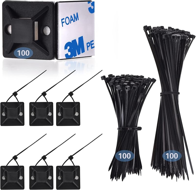 200 Pcs Black Cable Ties + 100 Self Adhesive Mount Bases - Wire Management Set