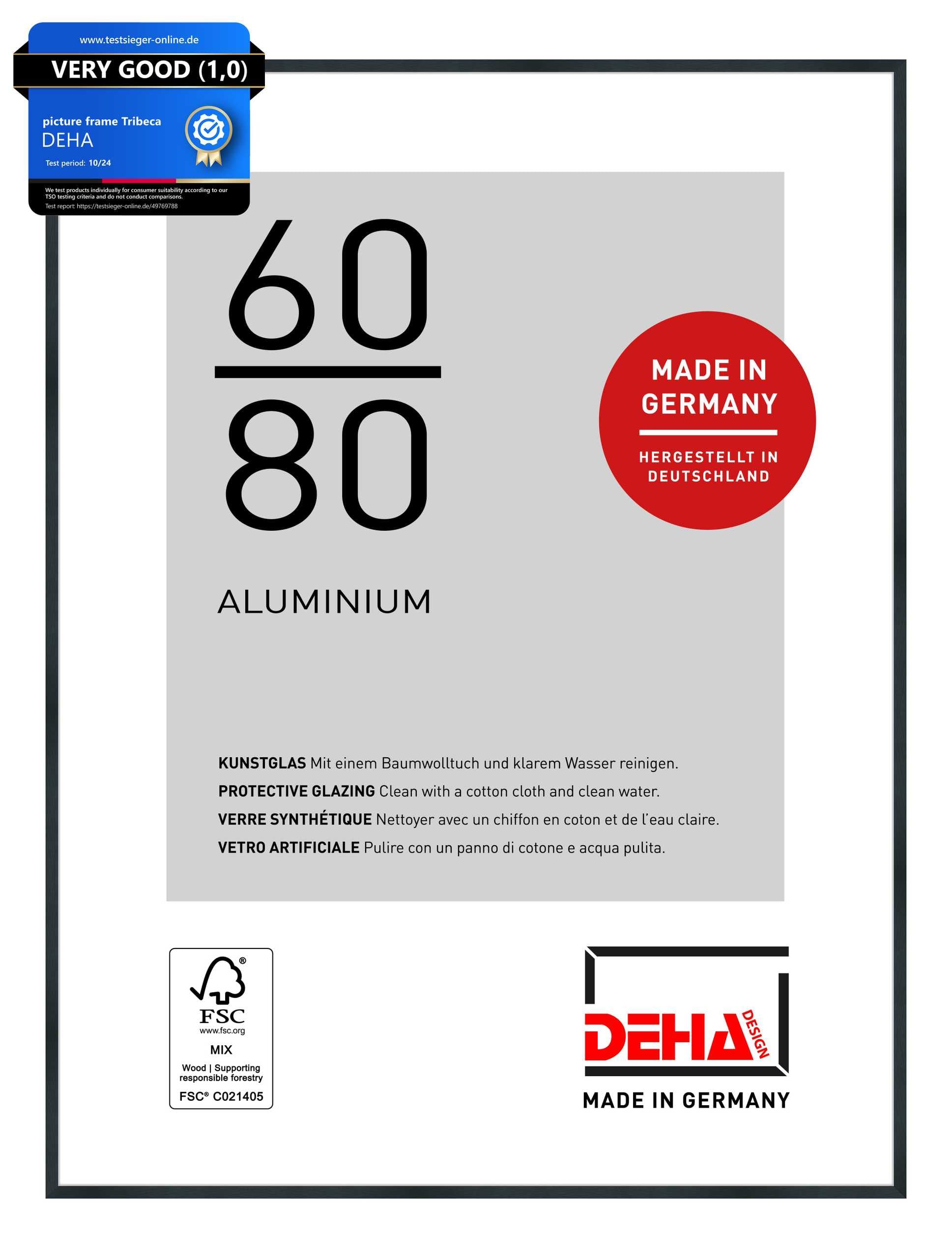 DEHA Design Tribeca Aluminium Picture Frame - 60x80 cm – Brushed Black - with Synthetic Glass and Push/Turn Clips
