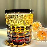 suigetsu Japanese Crystal Whiskey Glass, 10 oz, Amber Black, Engraved Pattern, Old Fashioned Rocks Tumbler with Gift Box (Amber Glow)