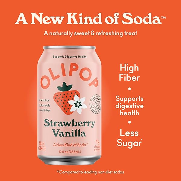 OLIPOP PREBIOTIC SODA POP, STRAWBERRY VANILLA, PANTRY PACK PACKED WITH PREBIOTICS, FIBER, AND BOTANICALS, GLUTEN FREE, VEGAN, GMO FREE, 12OZ (12-CANS)