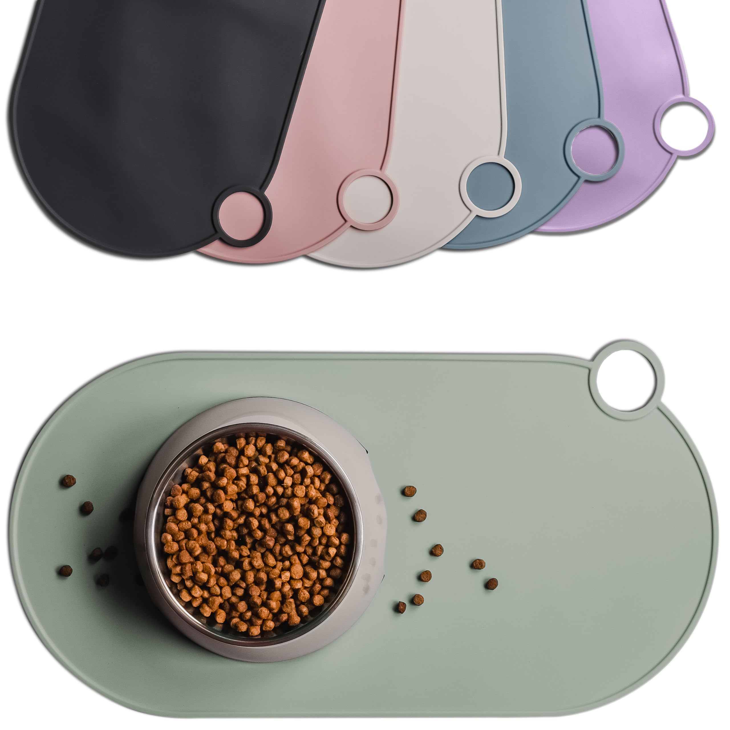 ne&no Silicone Bowl Mat for Cats and Small Dogs Cat Bowl Mat Waterproof Feeding Mat Non-Slip Silicone Mat with Hanging Loop 49 x 25 cm (Sage Green)