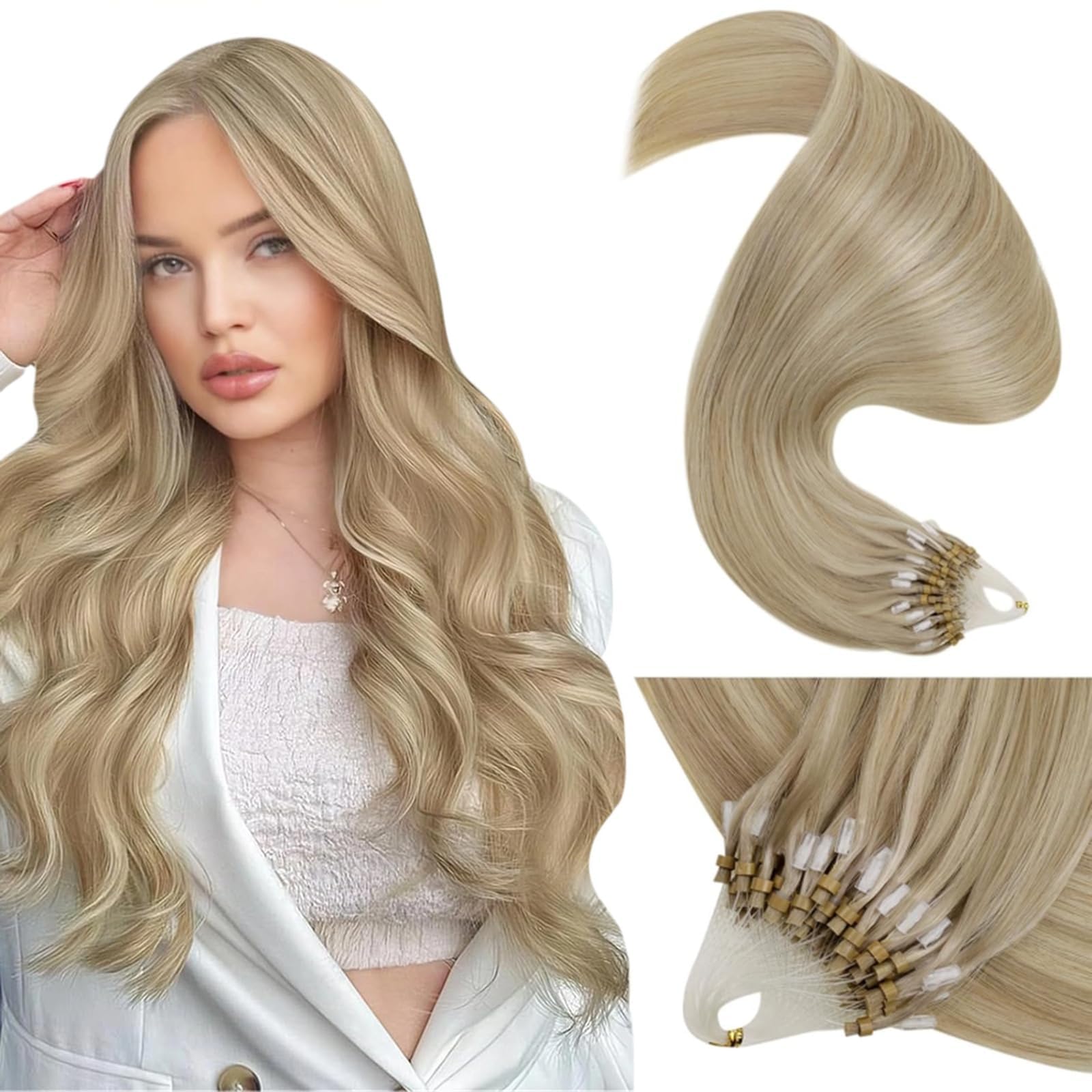 LaaVoo Micro Ring Hair Extensions 18 Inch Real Human Hair Blonde Remy Straight Highlight Ash Blonde with Golden Blonde Invisible Micro Beads Hair Extensions 50g 50s #16/22