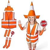 5 Pcs Halloween Traffic Cone Costume for Women - Reflective Construction Safety Vest & Funny Orange Traffic Cone Hat Set with Stop/Go Sign for Cosplay Party
