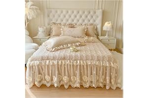 Pink Thickened Crystal Velvet Bed Skirt, Flowers Lace Embroidery Sheet, Bedspread, Quilted Cover, Pillowcases(Light Brown,150