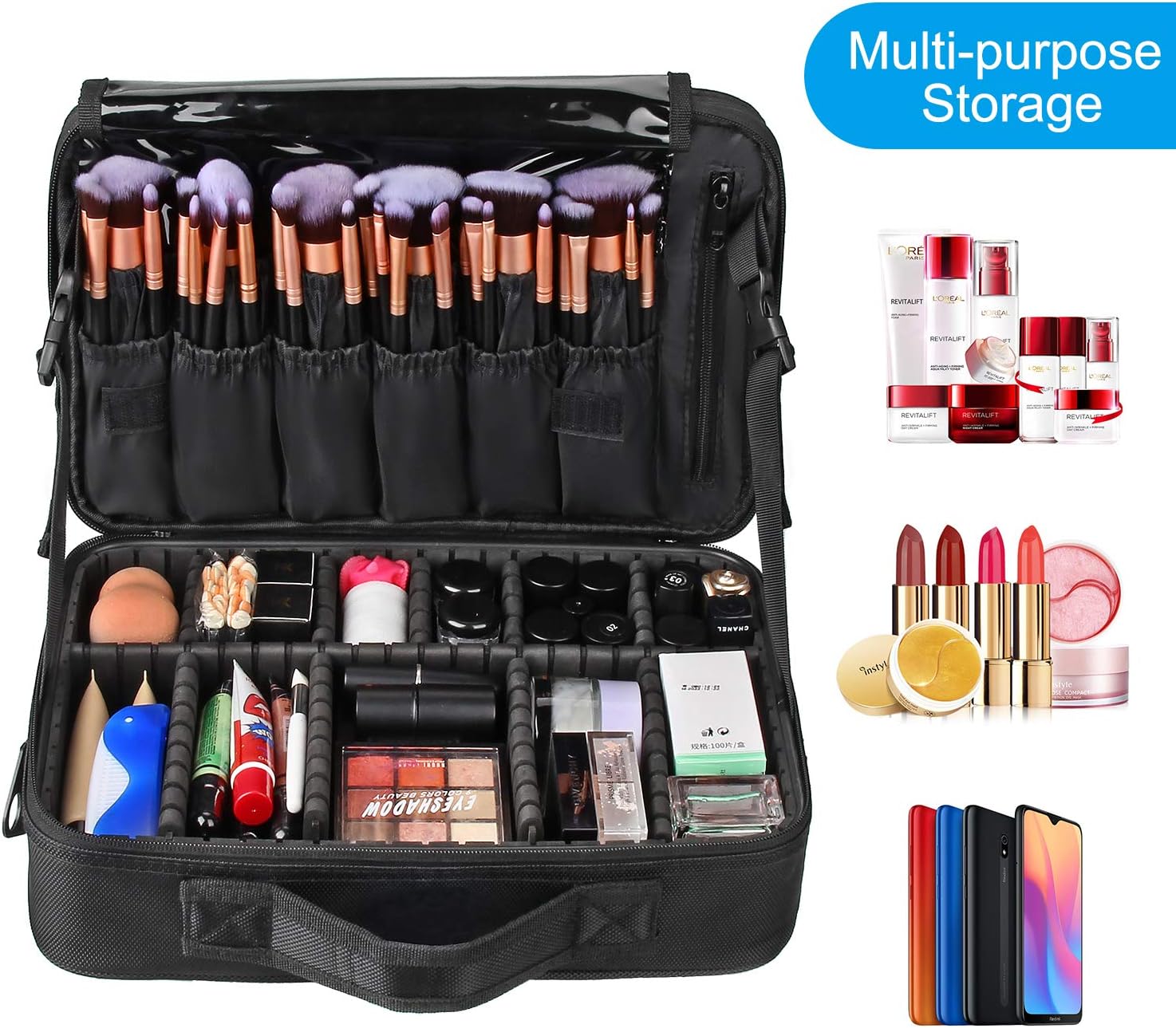 Relavel Makeup Bag Travel Makeup Train Case 13.8 inches Large Cosmetic Case Professional Portable Makeup Brush Holder Organizer and Storage with Adjustable Dividers and Shoulder Strap Black