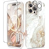 GVIEWIN for iPhone 16 Pro Max Case Compatible with MagSafe, with Screen & Lens Protectors, Military-Grade Protection Slim Marble Shockproof Magnetic Phone Case for 16 Pro Max 6.9", Pearlescent/Gold