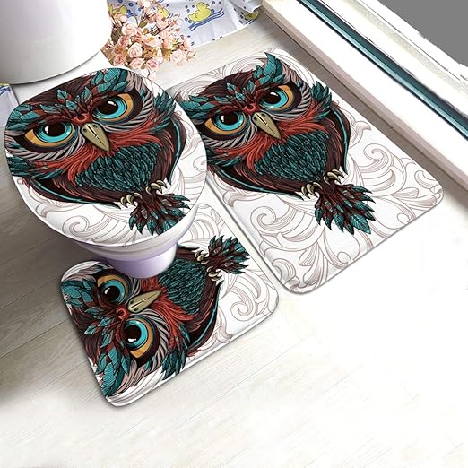 Amazon Com Owl 0 Non Slip Bath Mat Set 3 Piece Includes Bathroom Rugs U Shaped Contour Rug O Shaped Toilet Cover 6190cm Home Kitchen