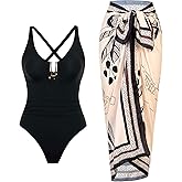 BAWHAHT One Piece Swimsuit Women with Cover Up Set Retro Bathing Suit for Women Tummy Control Beach Wrap Skirt