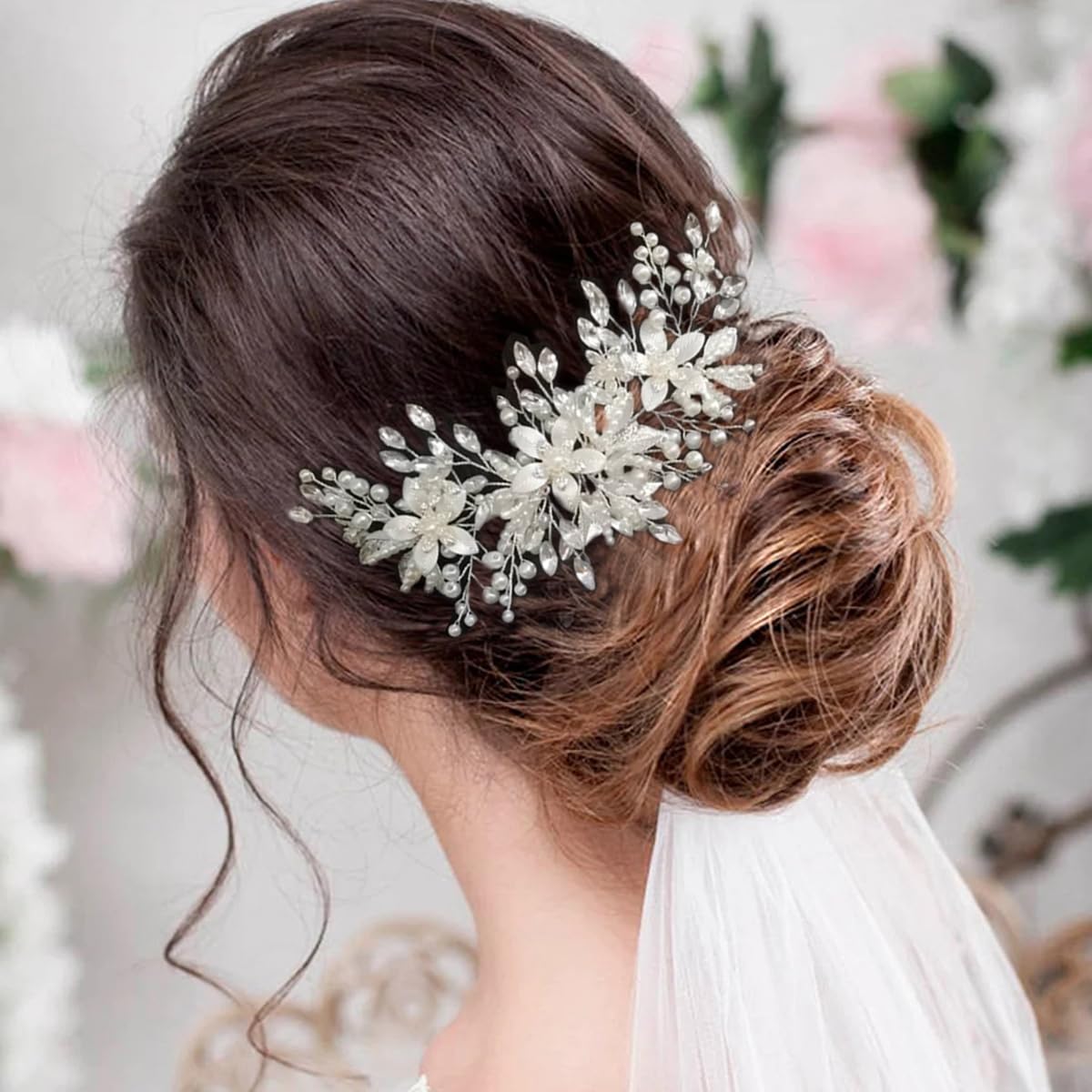 Pearl Bridal Hair Comb Flower Rhinestone Hairpiece for Women 