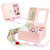 SDALU Money Pull Box for Cash Gift - Luxury Money Pull Out Flower Gift Box with Lid Flower and Ribbon, Unique Birthday Gift Box for Wife, Girlfriend, Mother, Friend