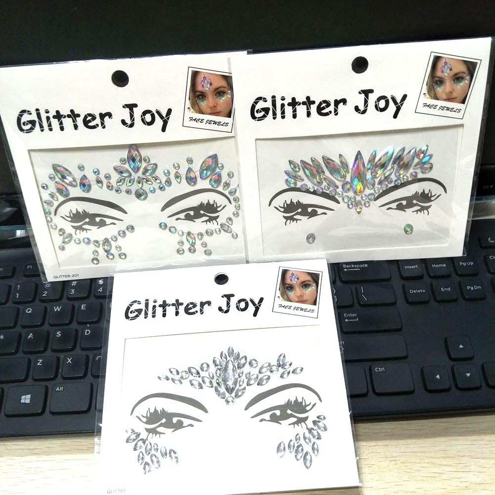 3PCS Festival Jewels Temporary Tattoos Face Rhinestones Crystal Gems Sticker FOR Body Bindi Eyes Stones Mermaid (Collection C 3pcs)