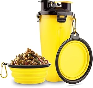Guardians Dog Travel Water Bottle Collapsible Bowls, 2 in 1 Pet Food Container with Collapse Bowls, Outdoor Portable Water Bowls for Walking, Traveling, Camping and Hiking