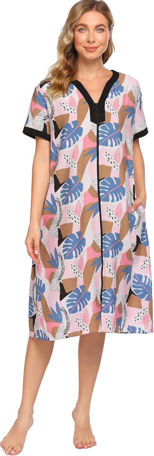 Ekouaer Nightgown Women Housecoats Zipper Front Robe V Neck Ladies Lightweight Duster & Long Houedress with Two Pockets at  Women’s Clothing store