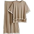 Tanming Sweater Sets Women 2 Piece Lounge Sets Short Sleeve Knit Pullover Tops Wide Leg Pants
