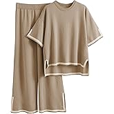 Tanming Sweater Sets Women 2 Piece Lounge Sets Short Sleeve Knit Pullover Tops Wide Leg Pants