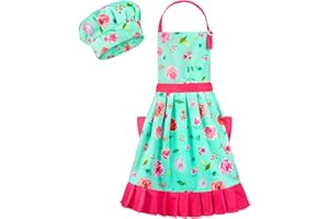 MHJY Kids Apron Hat Set for Girls Vintage Pleated Skirt Aprons with Adjustable Strap Pockets for Baking Cooking 8-12 Years
