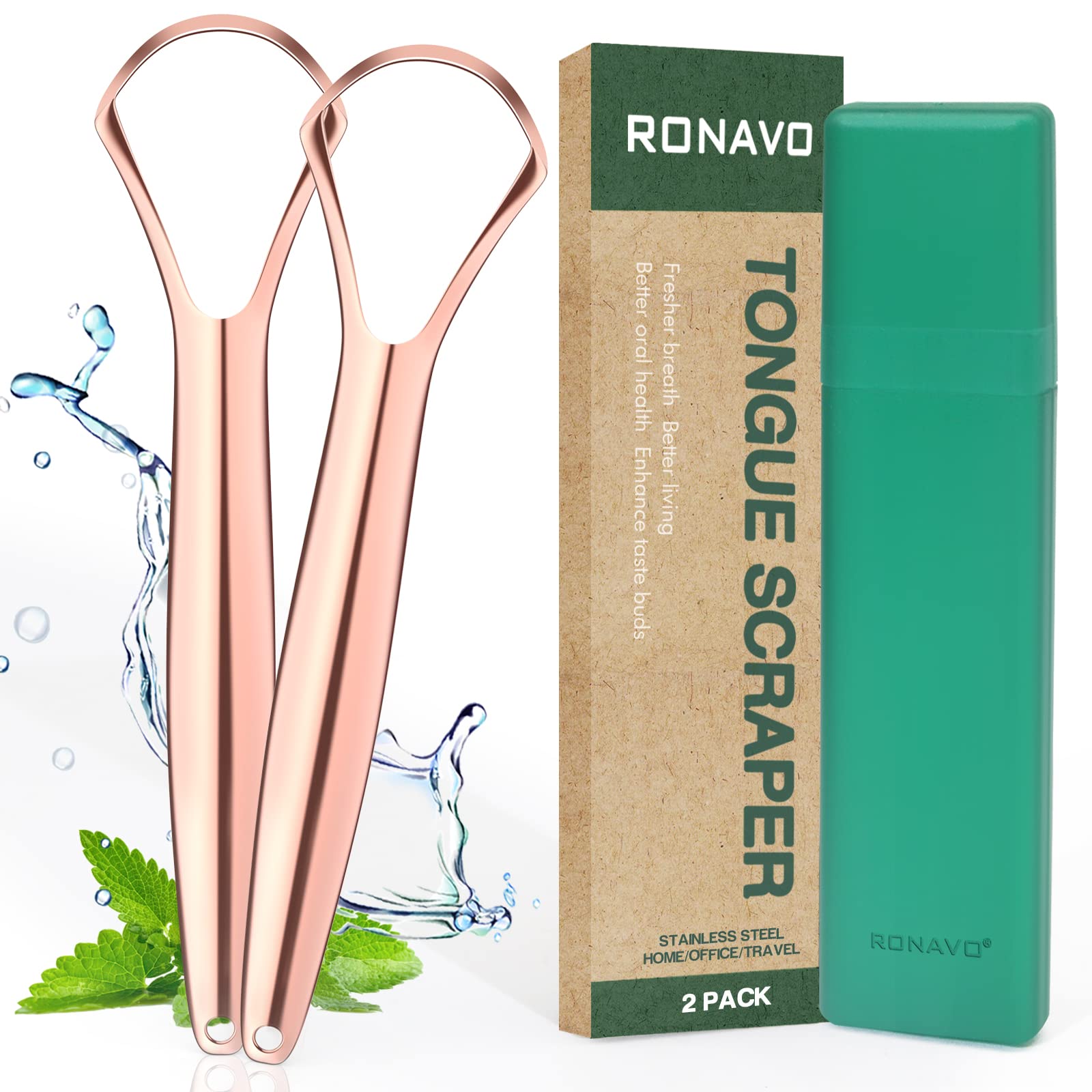 RONAVO Tongue Scrapers for Adults(2 Pack), Tongue Cleaner Stainless Steel, Cure Bad Breath (Medical Grade), 100% BPA Free Metal Tonge Scraper Fresher Breath in Seconds