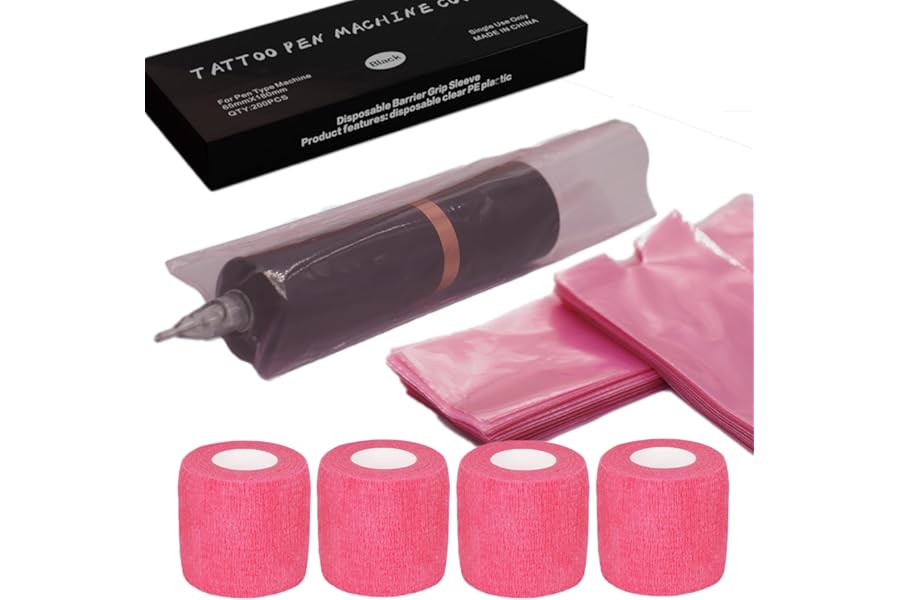 MIUXIA 200 Pink Tattoo Pen Covers & 4 Grip Tapes – Large Tattoo Machine Covers & Tattoo Tape Wrap – Tattoo Supplies