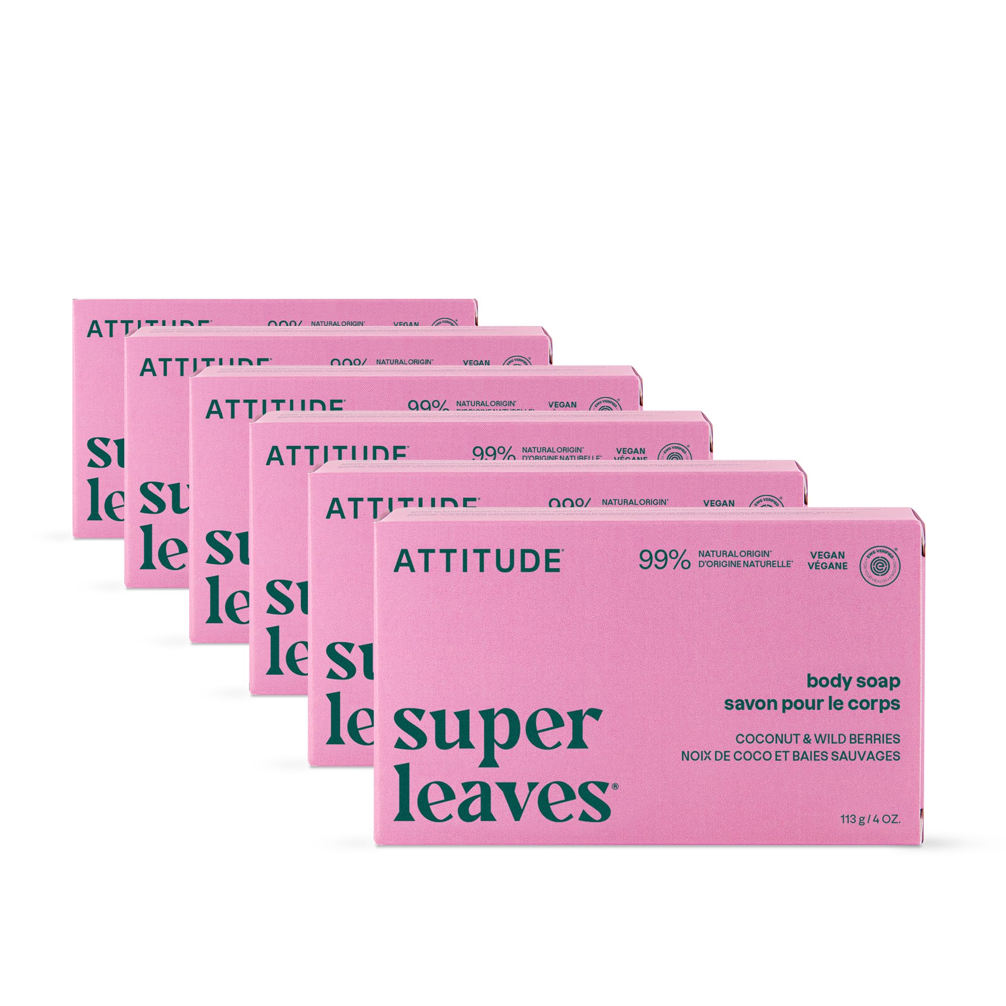 ATTITUDE Body Soap Bar, Natural Origin, Protects and Softens Dry Skin, Watercress, Indian Cress & Olive Oil, EWG Verified & Vegan, Coconut & Wild Berries, 4 Oz (Pack of 6) Image