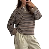 Women Y2K Striped Polo Sweater Long Sleeve Color Block Lapel V Neck Knit Jumper Tops Oversized Sweater