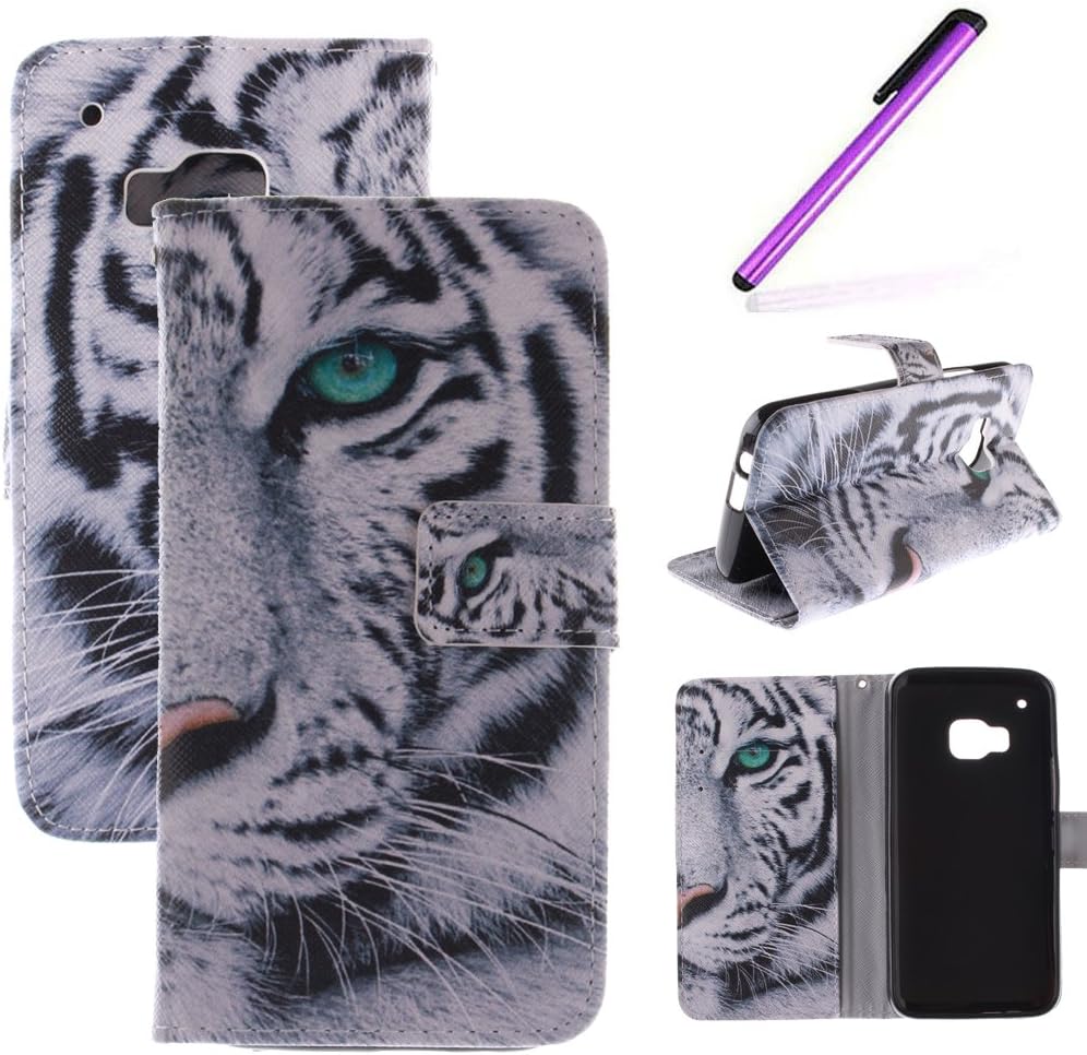 HTC One M9 Case,LEECOCO Fancy Color Print Floral Pattern Wallet Case with Card/Cash Slots [Kickstand] Shockproof PU Leather Folio Flip Slim Protective Case Cover for HTC One M9 White Tiger