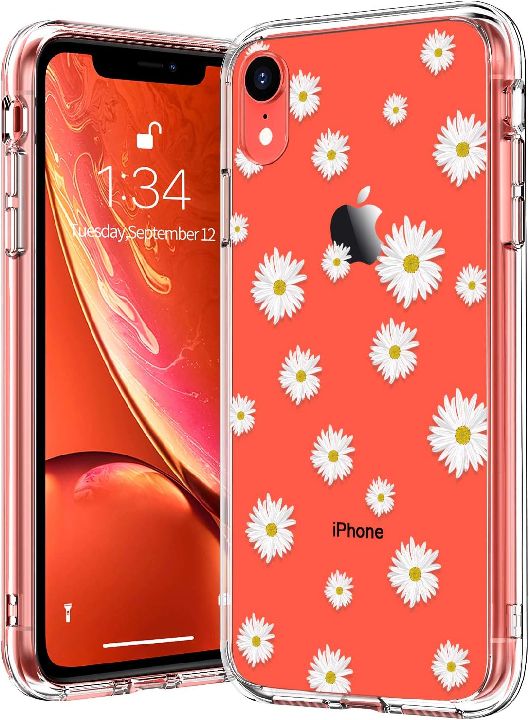 BICOL iPhone XR Case,White Daisy Flower Floral Pattern Clear with Design for Girls Women Transparent Plastic Hard Back Cover with Soft TPU Bumper Protective Cover Phone Case for Apple iPhone XR