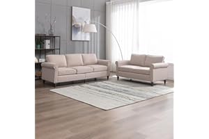 CECER 2 Piece Living Room Sofa Set, Upholstered Sectional Sofa Couch with Nailhead Trim, Furniture Sets Including 3-Seater Sofa and Loveseat for Apartment/Living Room/Office-Beige