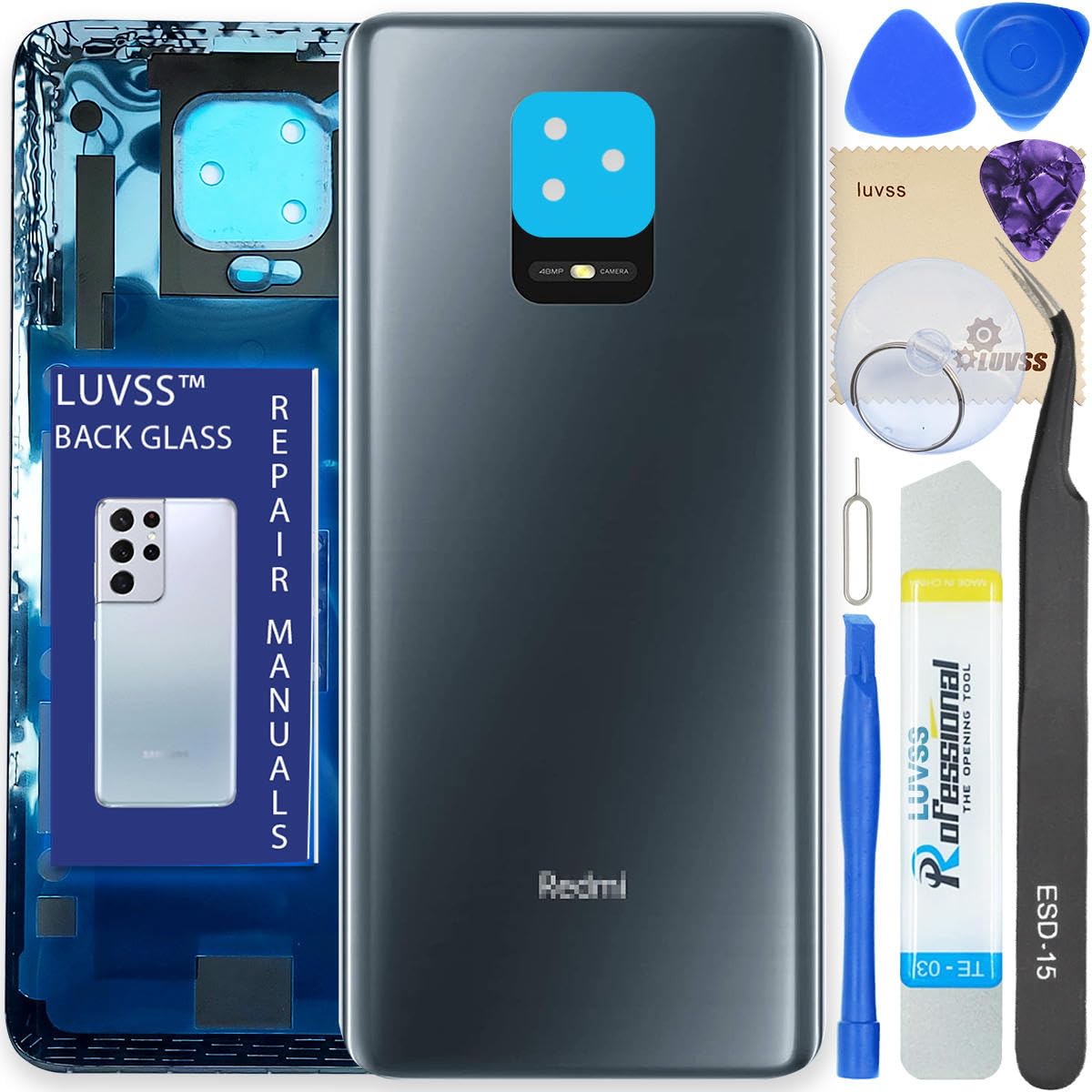 LUVSS Back Glass Cover Replacement Compitable for Xiaomi Redmi Note 9 Pro Rear Cover + Repair Manual DIY Tools Kit (Gray)