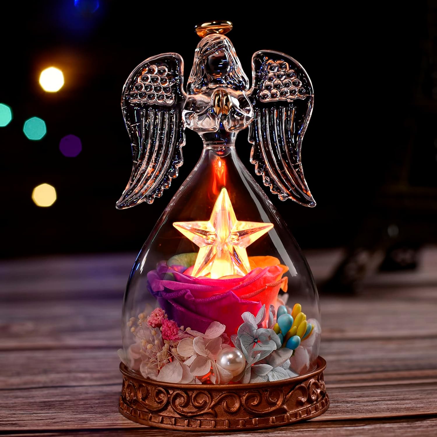 Dried & Preserved Flora - Clheatky Preserved Real Rose in Angel Glass with LED Lights Angel Gifts for Women Mom Grandma Friends on Mother's Day Birthday Anniversary Wedding Valentine's Day Thanksgiving Christmas (Colour-01)