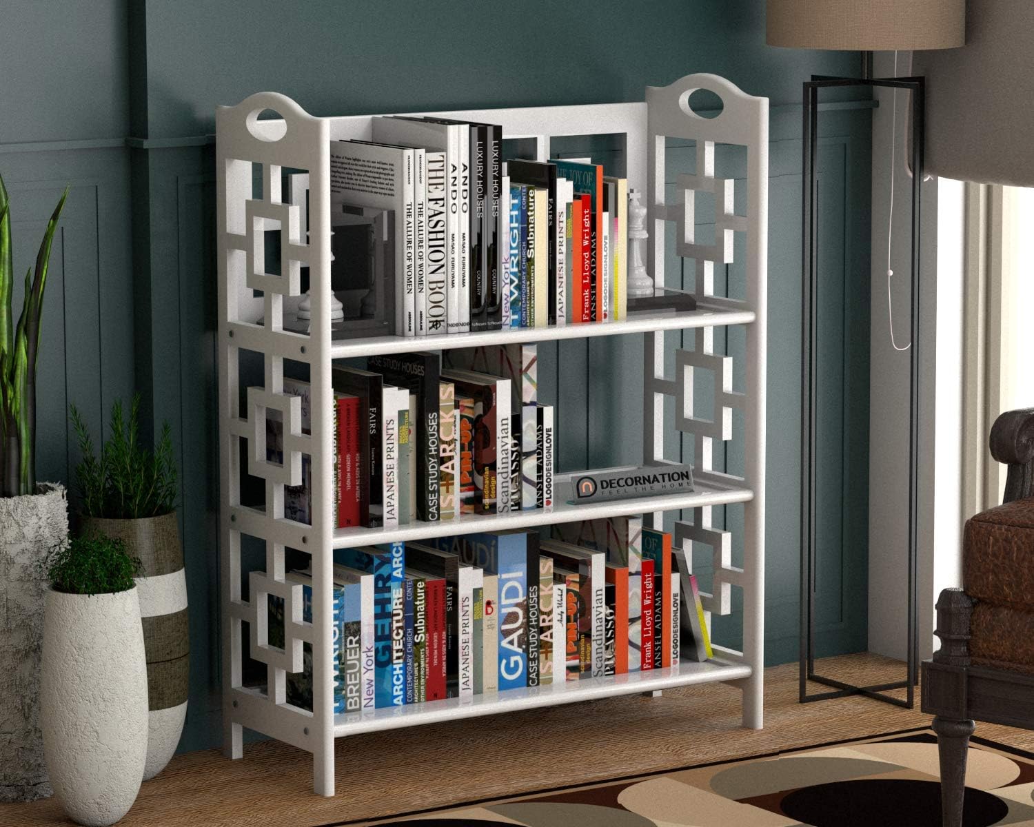 DecorNation 3 Tier Dora Bookcase Book Rack Storage Organiser, MDF for Long Last Bookshelf - White