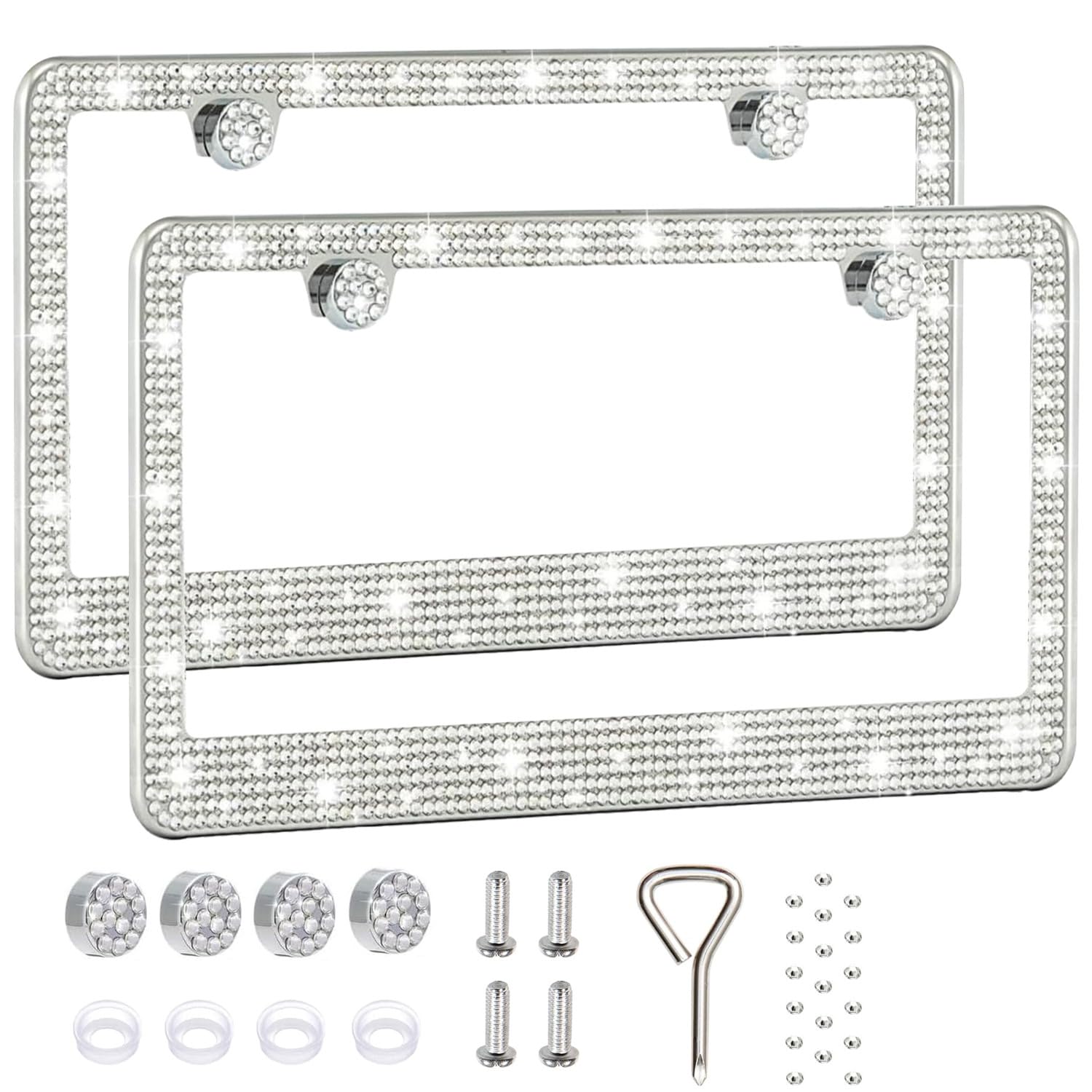 Photo 1 of 2 Pack License Plate Frames for Women, Sparkly Rhinestone Diamond Car Accessories with Glitter Crystal Caps (White (2PCS))