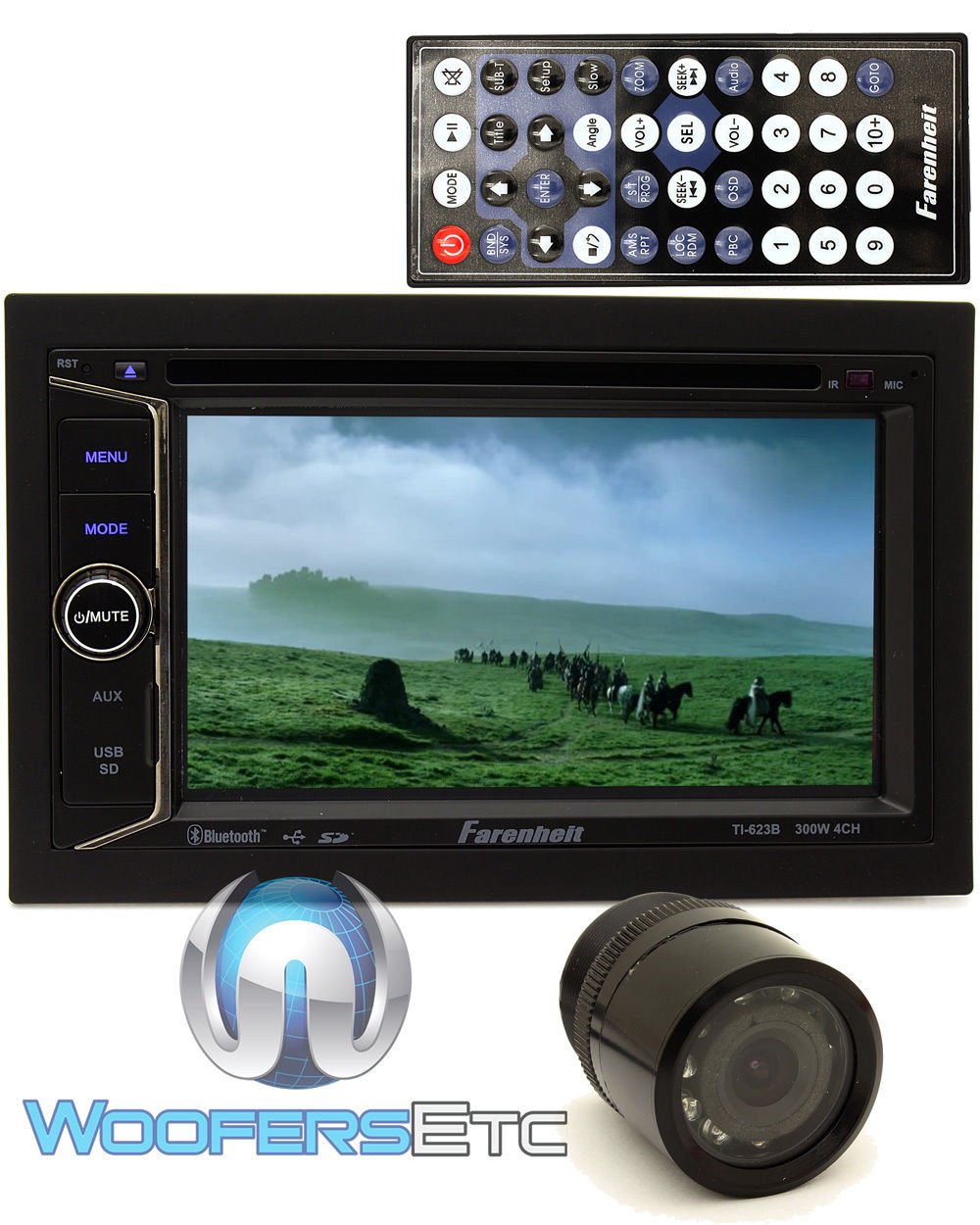 pkg Farenheit TI-623B In-Dash 2-DIN 6.2" LCD Touchscreen DVD Receiver with Bluetooth + HTC 36 XO Vision Backup Camera with Nightvision