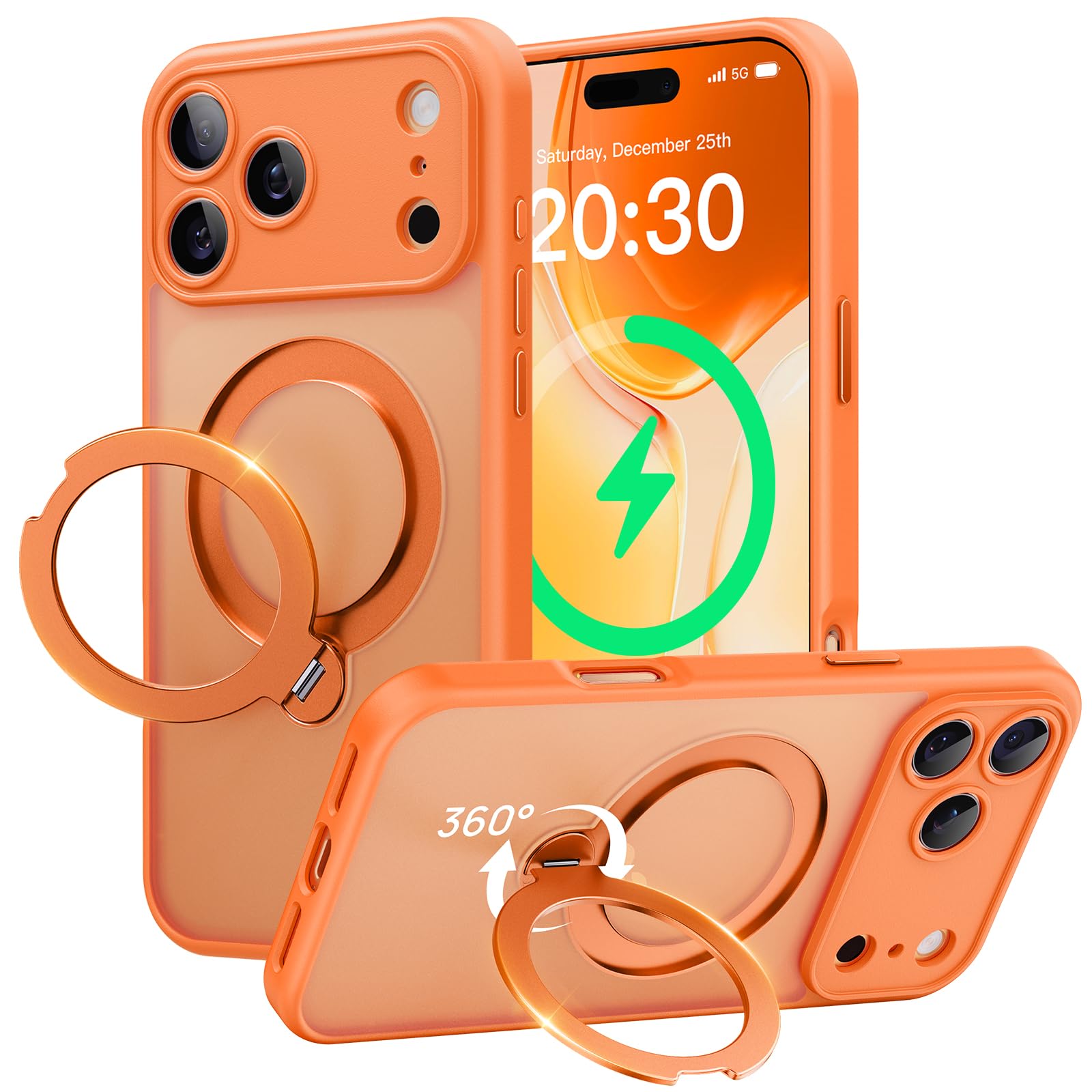 Photo 1 of Peerock 360° Spin Magnetic Stand for iPhone 17 Pro Max Case, [Fit for MagSafe][Military Protection][Full Camera Protection] Adjustable Kickstand iPhone Case for iPhone 17 Pro Max 6.9", Cosmic Orange