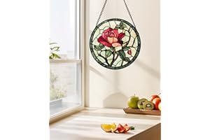 AMDERVEN Stained Glass Window Hanging, Red Rose Flowers Sun Catcher for Door Garden Home Decor Suncatcher Christmas Mother's Day Birthday Gifts for Women Lovers Men Wife Girlfriend Mom Nana 6.3 in